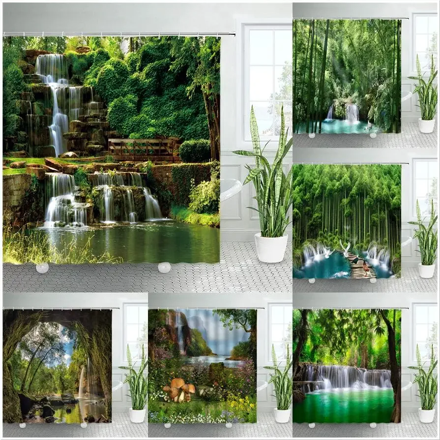 Waterfall Bathroom Curtains Spring Forest Park Shower Curtain Green Bamboo Nature Landscape Waterproof Fabric Home Bathtub Decor