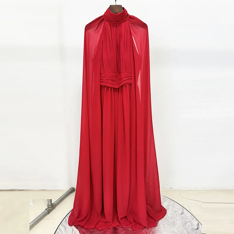 TWOTWINSTYLE rouge transparent épissé plis robes élégantes pour les femmes col haut manches cape tunique mode longue robe femme vêtements