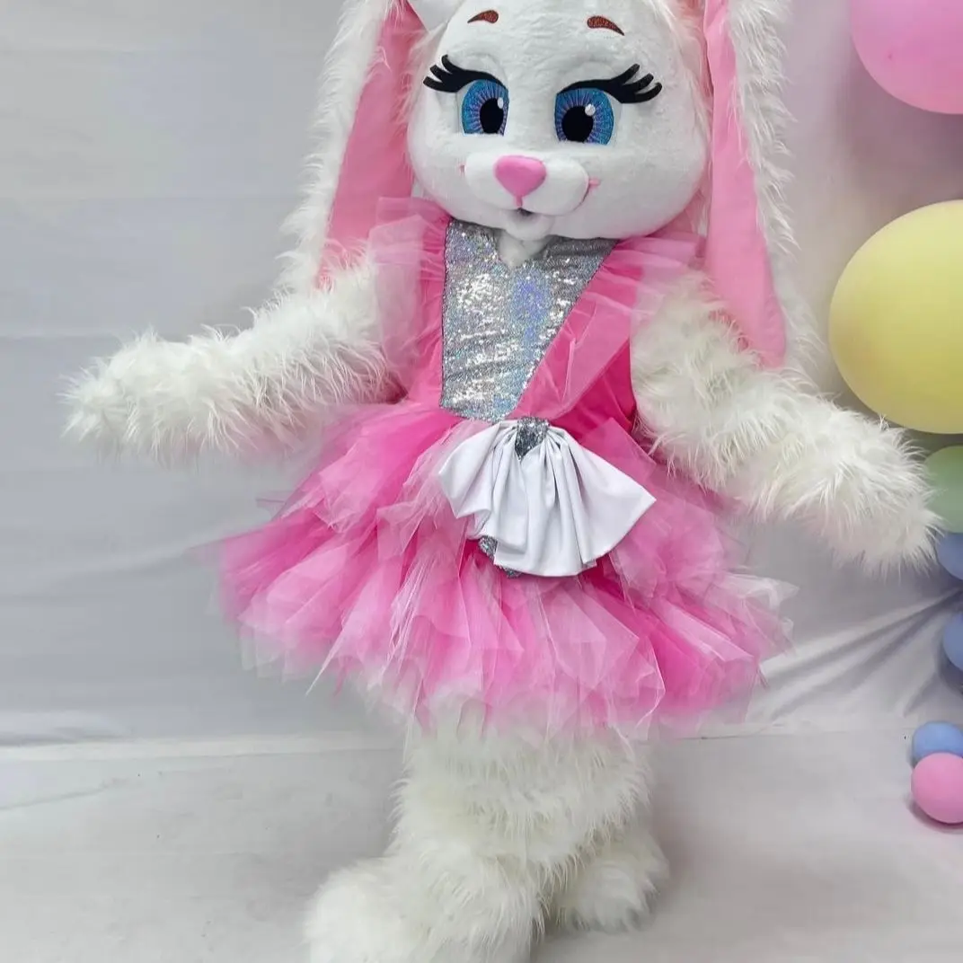 Rosa Kleid Weißes Langes Fell Kaninchen-Maskottchen-Kostüm Niedliches Osterhäschen Cartoon-Laufpuppe Weihnachtsbühnen-Performance-Requisiten