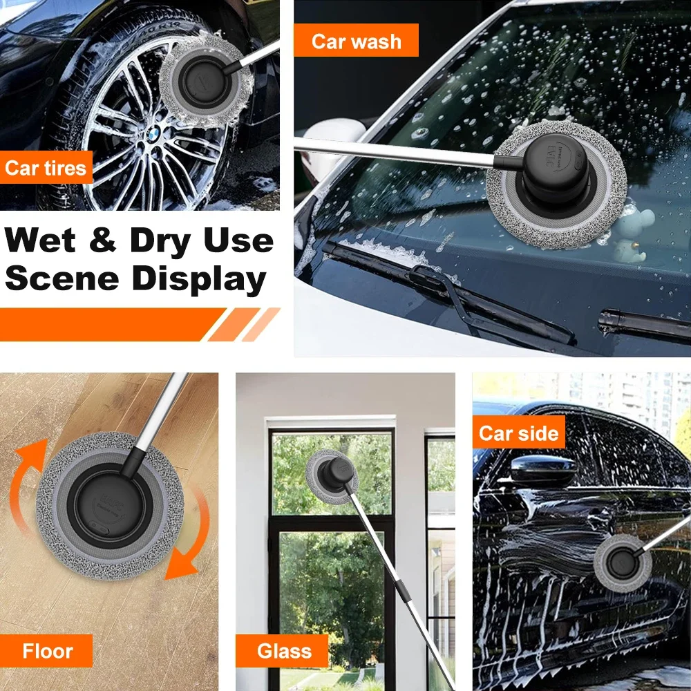 EAFC 3-Section Telescopic Electric Car Wash Mop With Chenille Brush Head 360° Rotating Automatic Rotary Mop Wet & Dry Use