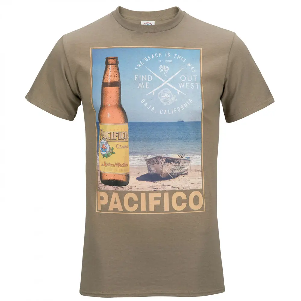 Pacifico The Beach is This Way T-Shirt BeigeAnime Pattern Men and women High quality cotton Short Sleeves