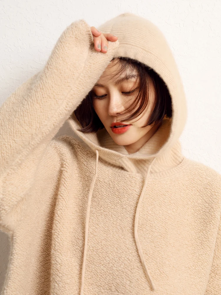 

Chic Women 100% Cashmere Hooded Scarf Knitting Hats Warm Pullover Hooded Scarf Autumn Winter Casual Simple Style Cashmere Tops