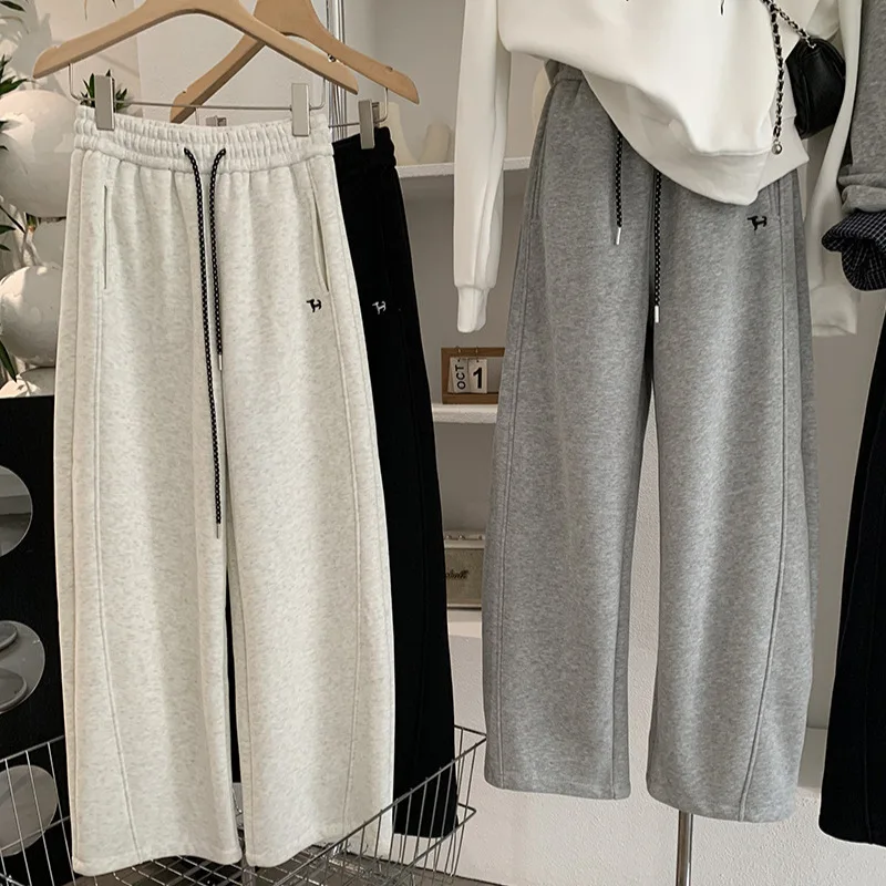 

2025 зимние женские новые флисовые спортивные повседневные брюки с высокой талией, широкие брюки с изогнутым ножом на талии, повседневные брюки