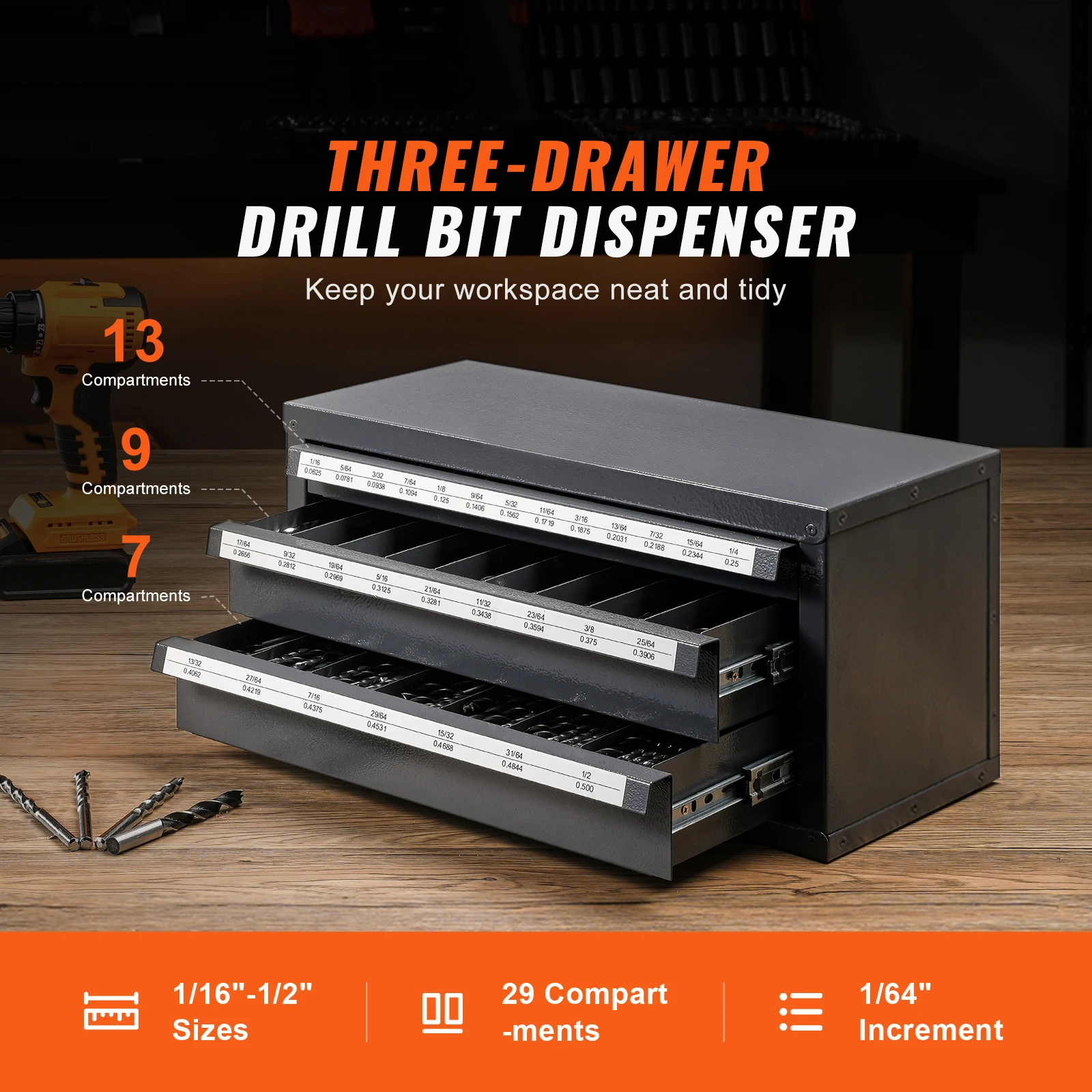 SucceBuy Drill Bit Dispenser Cabinet Three-Drawer Drill Bit Organizer Cabinet Steel Drill Dispenser Organizer Cabinet Storage