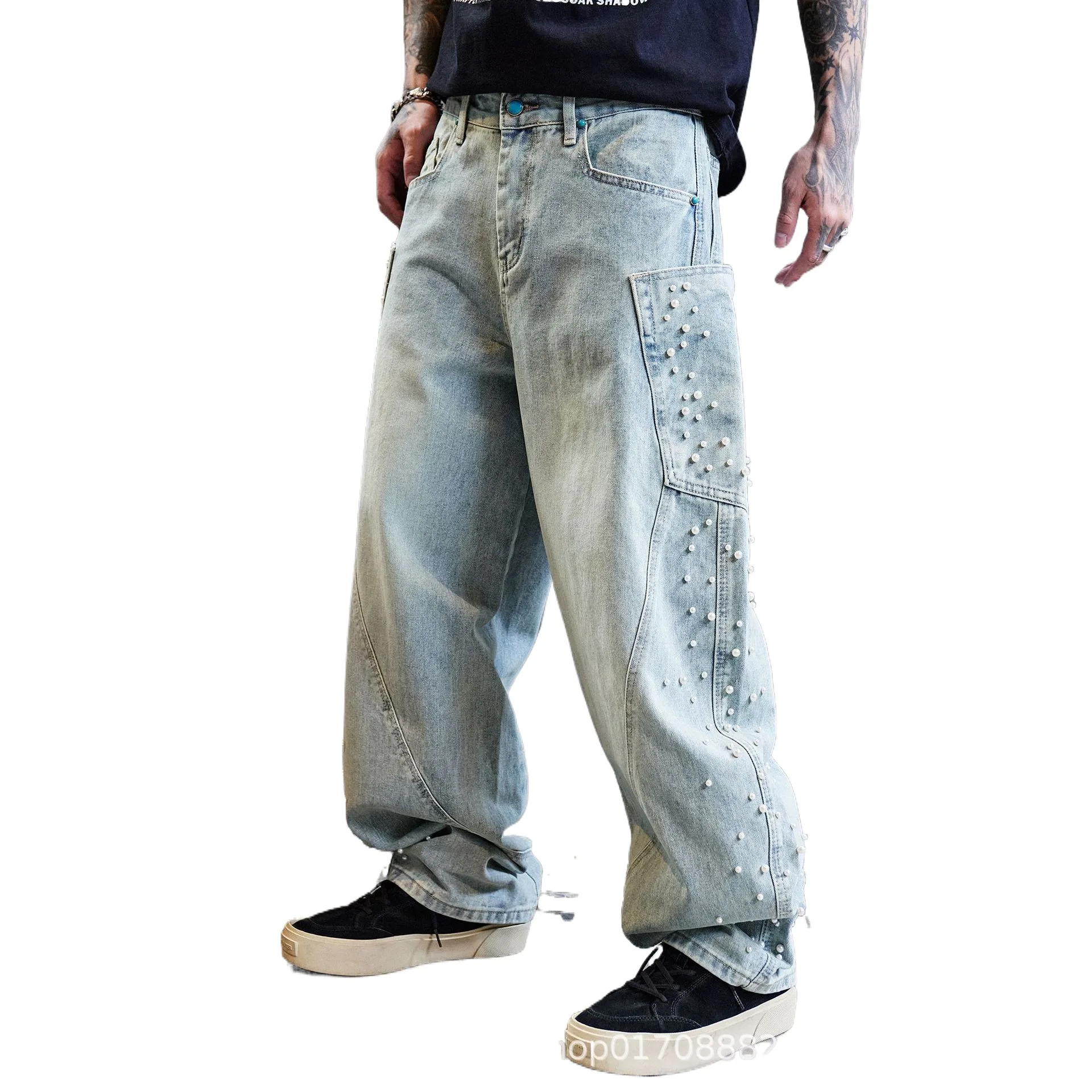 

Men's Fashion Oversized Hip Hop Jeans Pants With Beadings Loose Fit Vibe Style Y2K Denim Trousers High Waist Washed Jeans