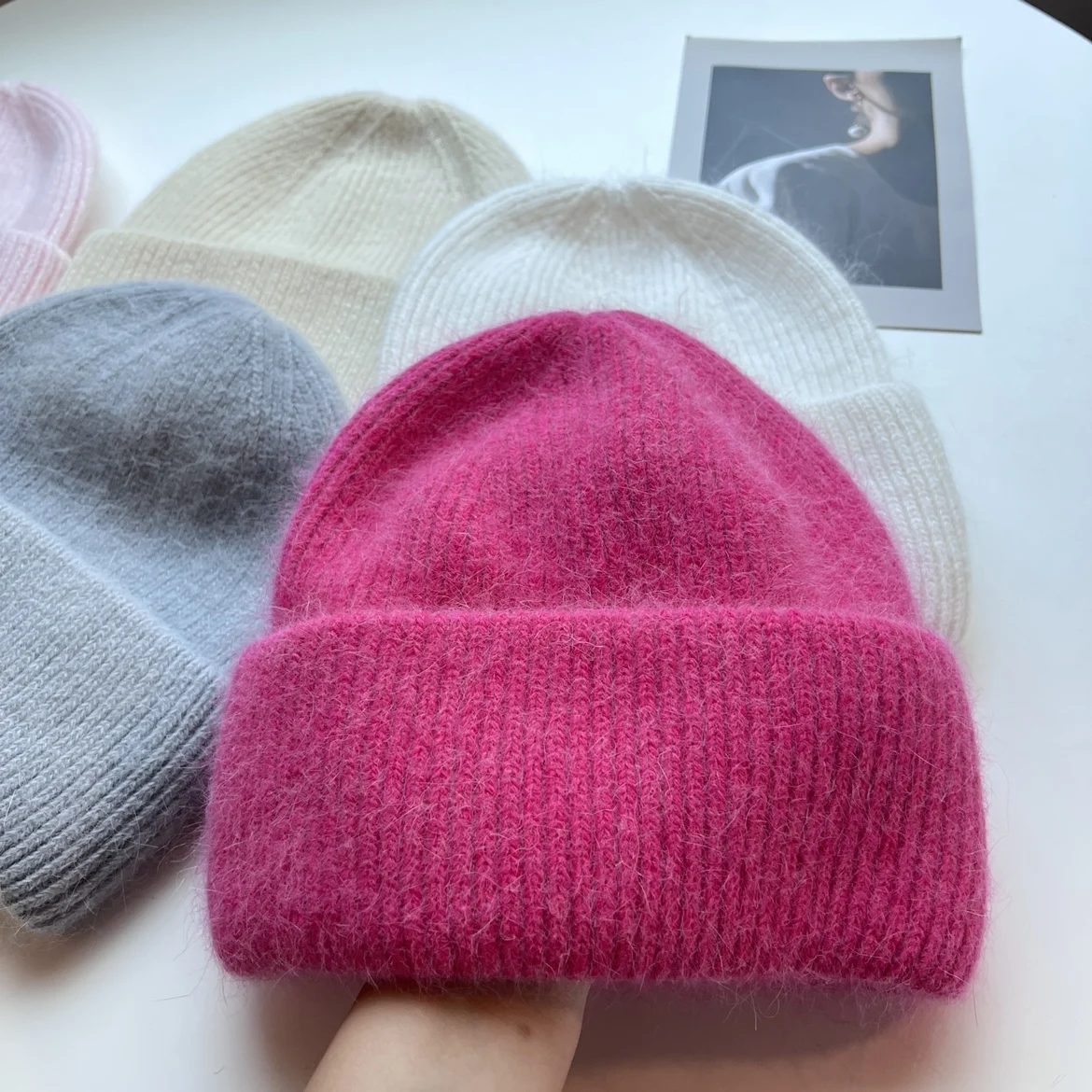 

2024 Angora Beanie Hat Soft Warm Winter Hat for Women Rabbit Fur Beanies Fluffy Knit Hat Skullies Female Bonnet Ladies