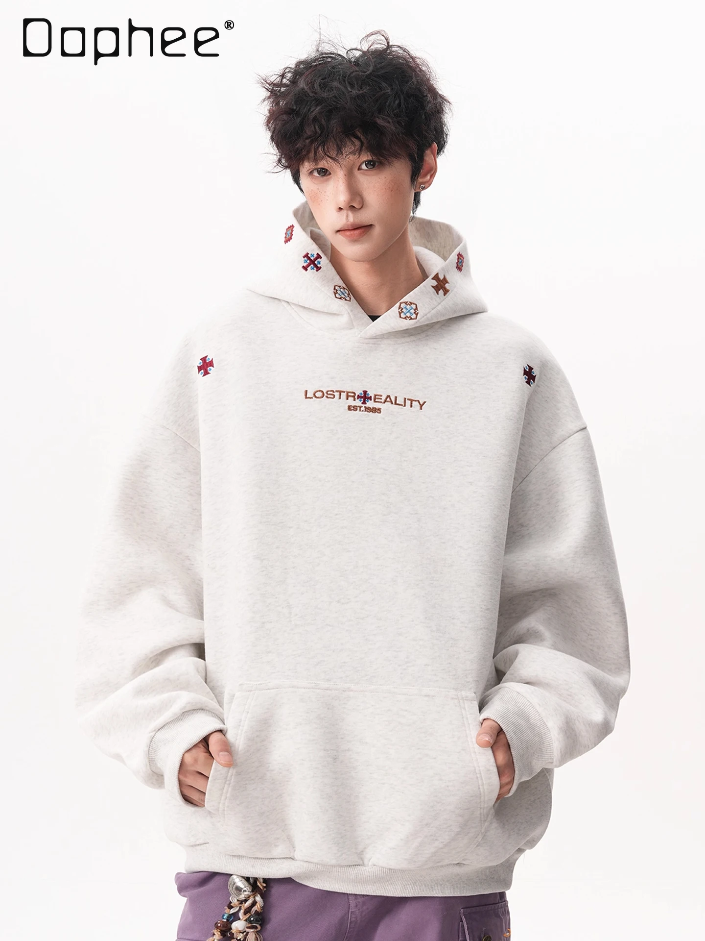 

2025 Spring and Autumn New Men's Ethnic Style Embroidered Gray Hooded Sweatshirt Loose Casual Long Sleeve Black Navy Blue Hoodie