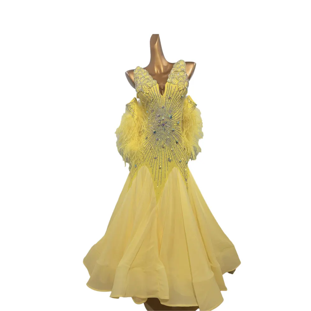 여성, 성인 및 어린이를위한 라틴 댄스 의상 라인 석, 하이 엔드 맞춤형 노란색 현대 대형 스커트 왈츠 드레스