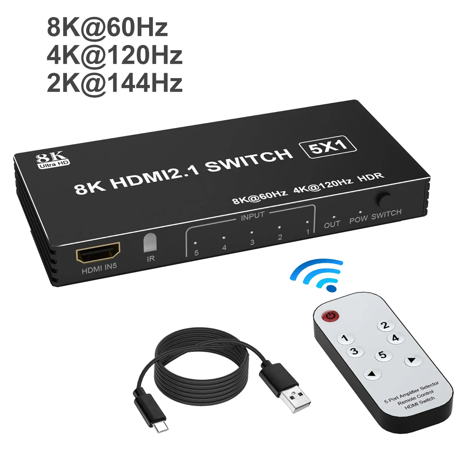 HDMI 2.1 Switch 5x1 8K HDMI Switch 5 in 1 Out 8K 60Hz 4K 120Hz 2K 144Hz HDCP 2.3 HDR 10 5 Port HDMI Switcher Box Video Converter