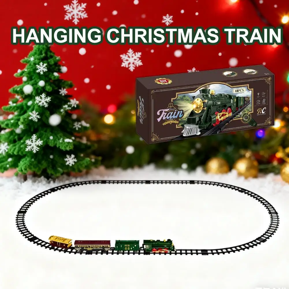 Kerst elektrische trein speelgoed set retro klassieke locomotief motor vracht auto lang spoor speelgoed met licht en geluid rook