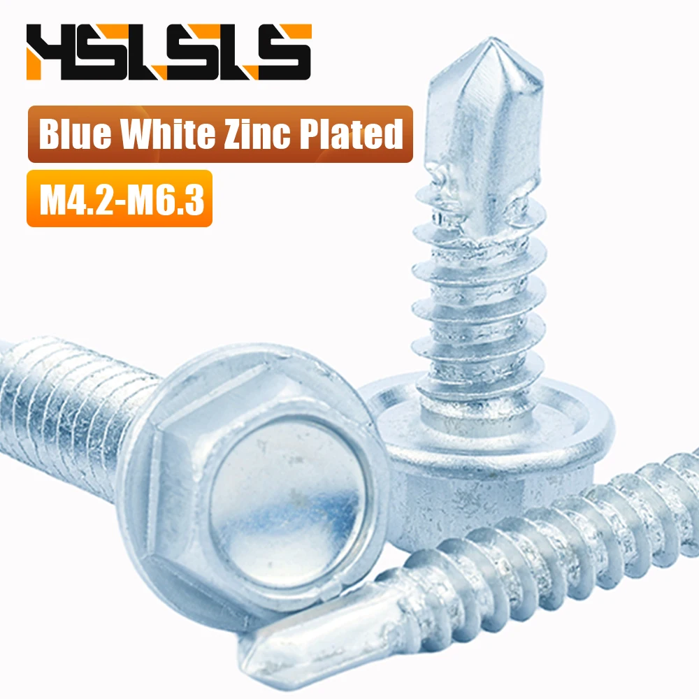10/20pcs Hexagon Washer Head Self Drilling Screw Without Rubber Washer M4.2 M4.8 M5.5 M6.3 8# 10# 12# 14# Bule White Zinc Plated