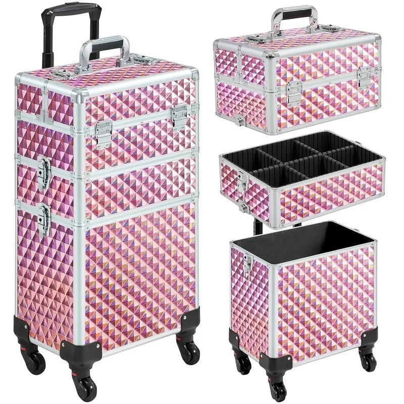 

3 in 1 Cosmetic Case Professional Makeup Suitcase Large Aluminum Cosmetic Trolley with Swivel Wheels and Key, Diamond Pattern