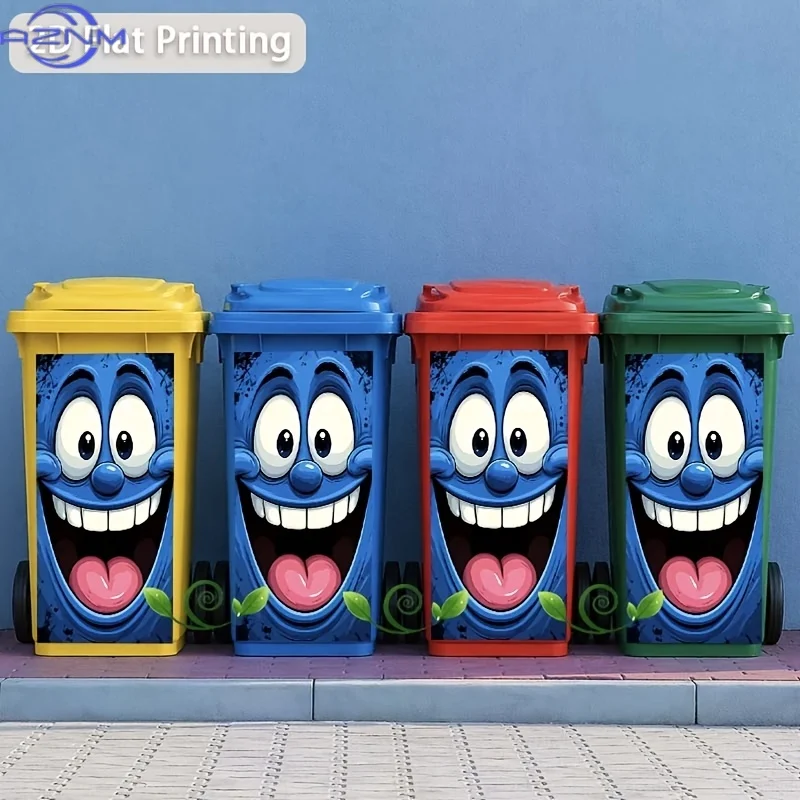 1pc 2D Fun Whimsical Laughing Blue Monster Wheel Wall Sticker, 2D Flat Joyful Cartoon Trash Can Sticker, Removable for Outdoor