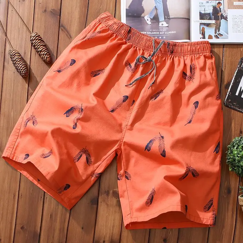 Summer New Cotton Shorts Men Breathable Thin Feather Print Pocket Elastic Waist Korean Loose Casual Sports Beach Short Pants 5XL