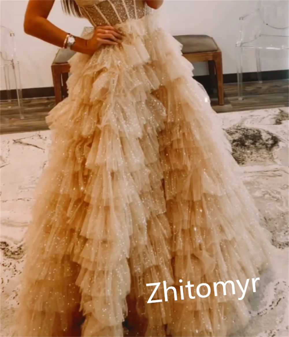 Customized  Exquisite Strapless Ball Gown Floor Length  Dresses Formal Ocassion Layered Tulle Robe Pour Cérémonie De Mariage