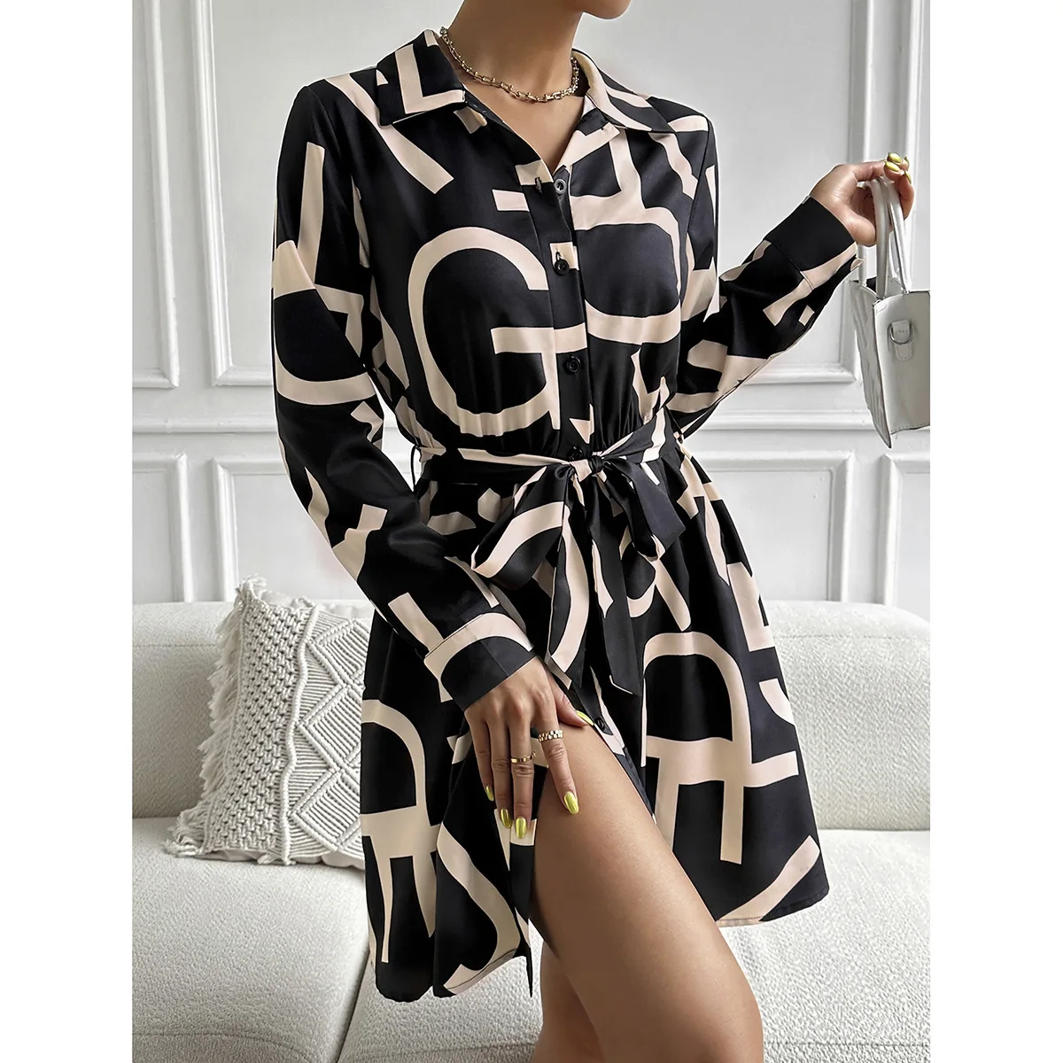 Real Shot Xun Dress Feminine Temperament Commuting Contrasting Long Sleeved Dress