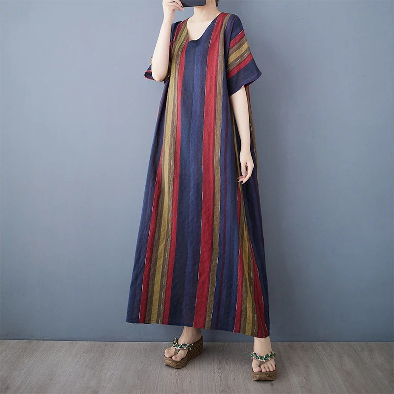 فستان طويل أنيق من القطن والكتان بياقة على شكل V فضفاض مقاس كبير صيفي بتصميم جديد ملابس نسائية بأسلوب العطلات خامة رقيقة