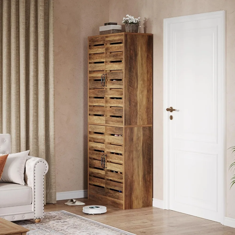 خزانة أحذية طويلة 70.8 بوصة، منظم تخزين الأحذية باللون البني الريفي مكون من 9 طبقات مع أبواب مصراع لـ 27 زوجًا، أرفف قابلة للتعديل لـ Ent