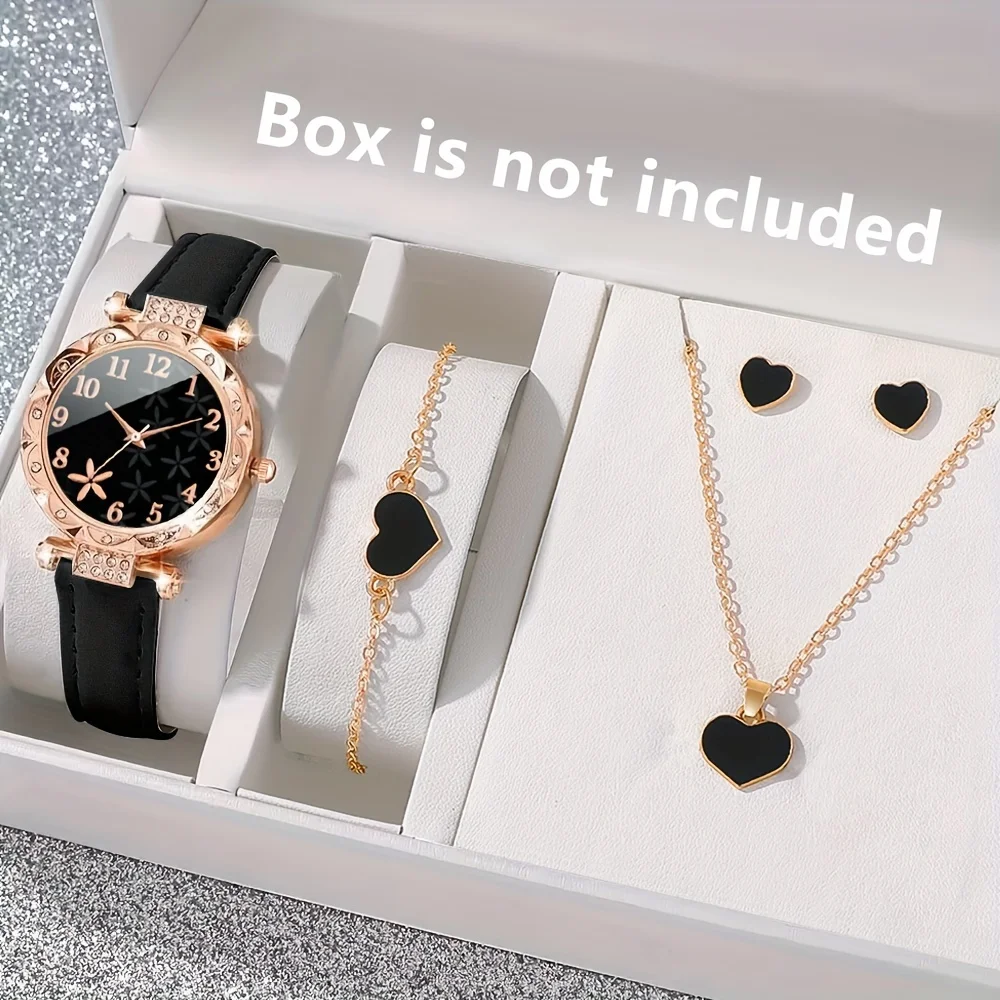 5-piece/set women's elegant round alloy case quartz watch, floral pattern dial PU leather strap unique heart-shaped jewelry set