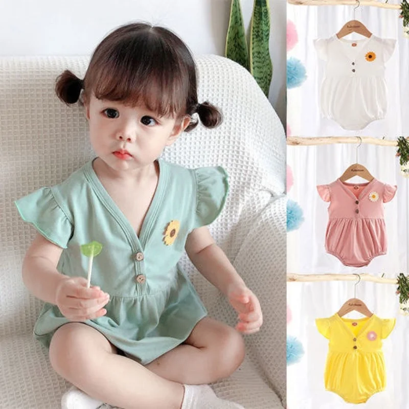 

Newborn Baby Girls Cotton Jumpsuits Short Sleeve Plain Color Floral Infant Baby Romper 0-3 Years Old