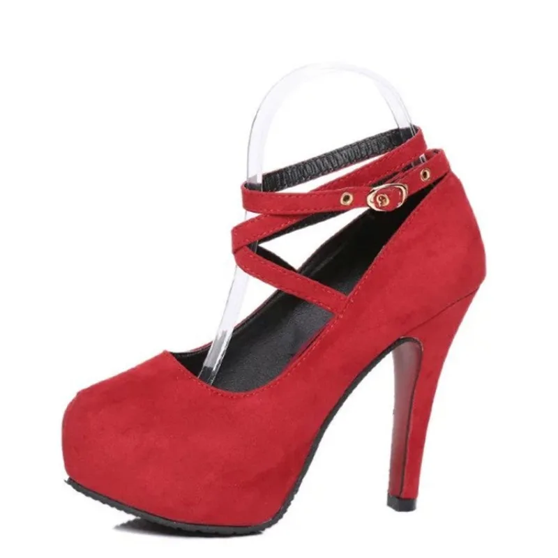 Tamanho 34-42 super alta saltos finos sapatos primavera outono bombas t-cinta fivela retro dedo do pé redondo bombas sapatos de casamento sapatos