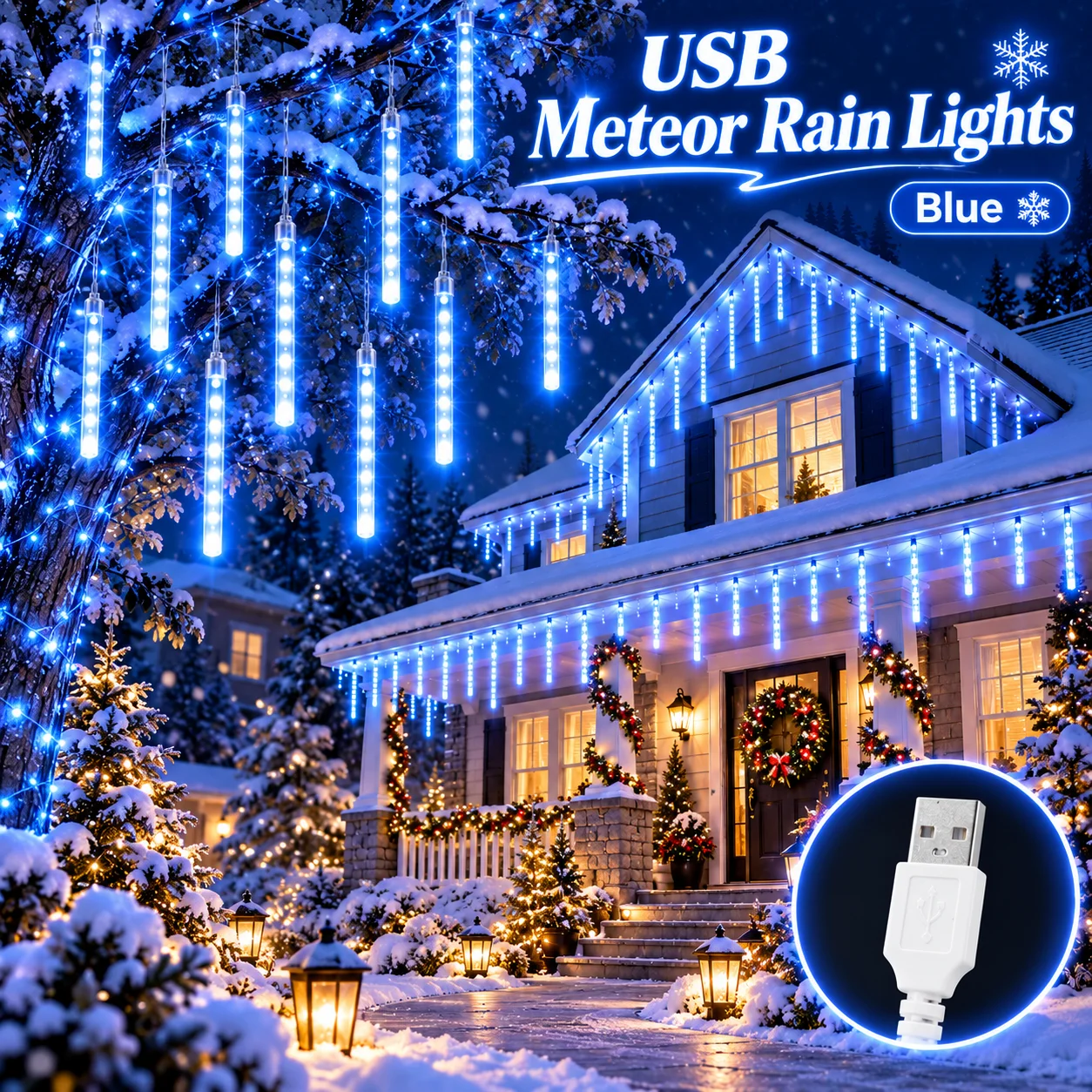 Christmas Blue USB Meteor Shower Lights Ice Blue Falling Rain Icicle String Lights for Roof Eaves Window Winter Holiday Decor