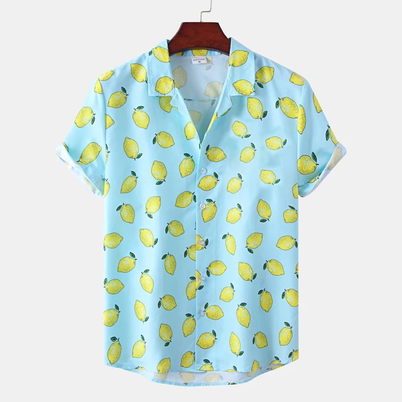 Hawaiian Shirt Men\'s 3D Lemon Print Short Sleeve Quick Dry Beach Casual Party Holiday Men Oversized