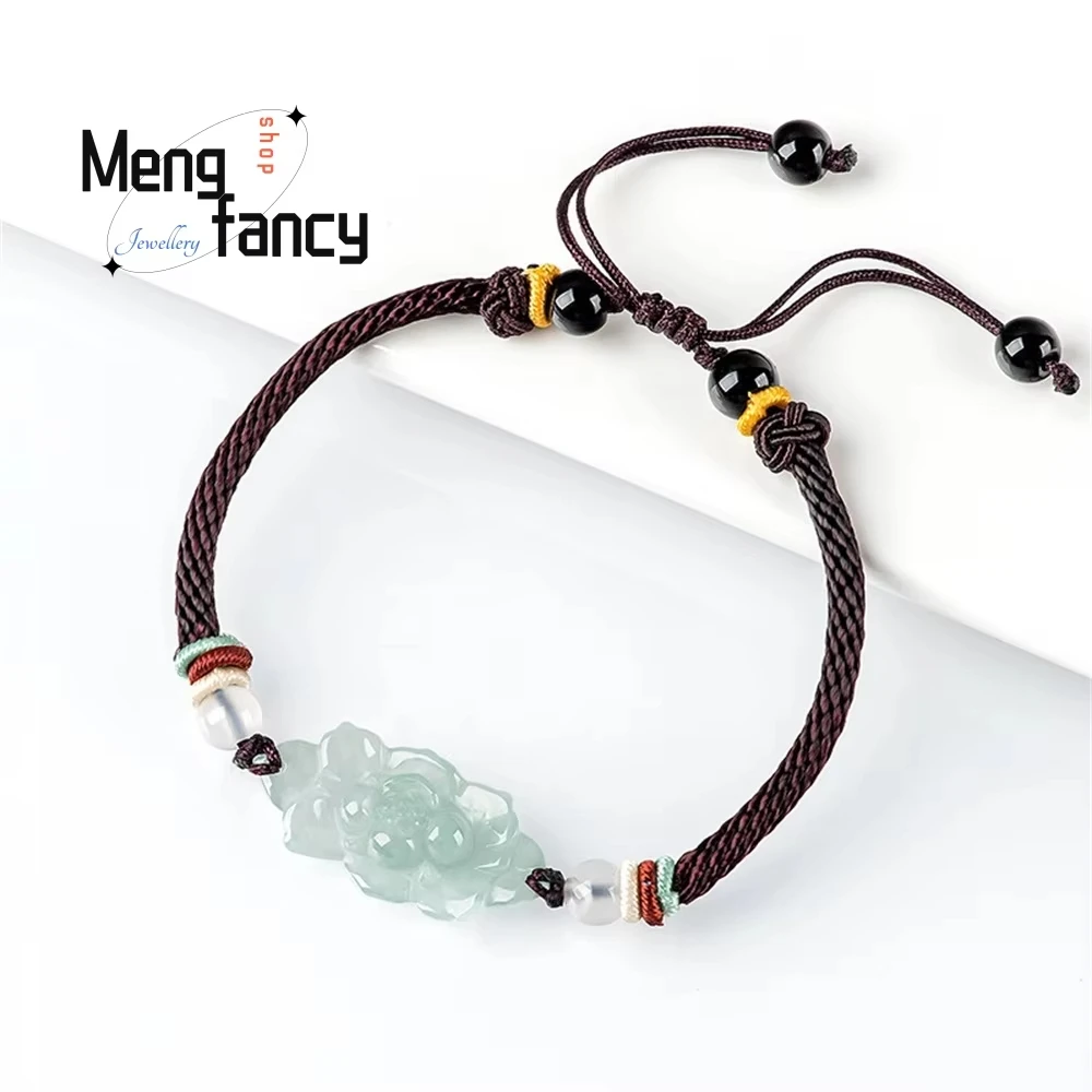 Original Natural Myanmar A Goods Jade Lotus Elegant Bracelet Hand-Woven Rope Couples Personality Rope Exquisite Popular Gift