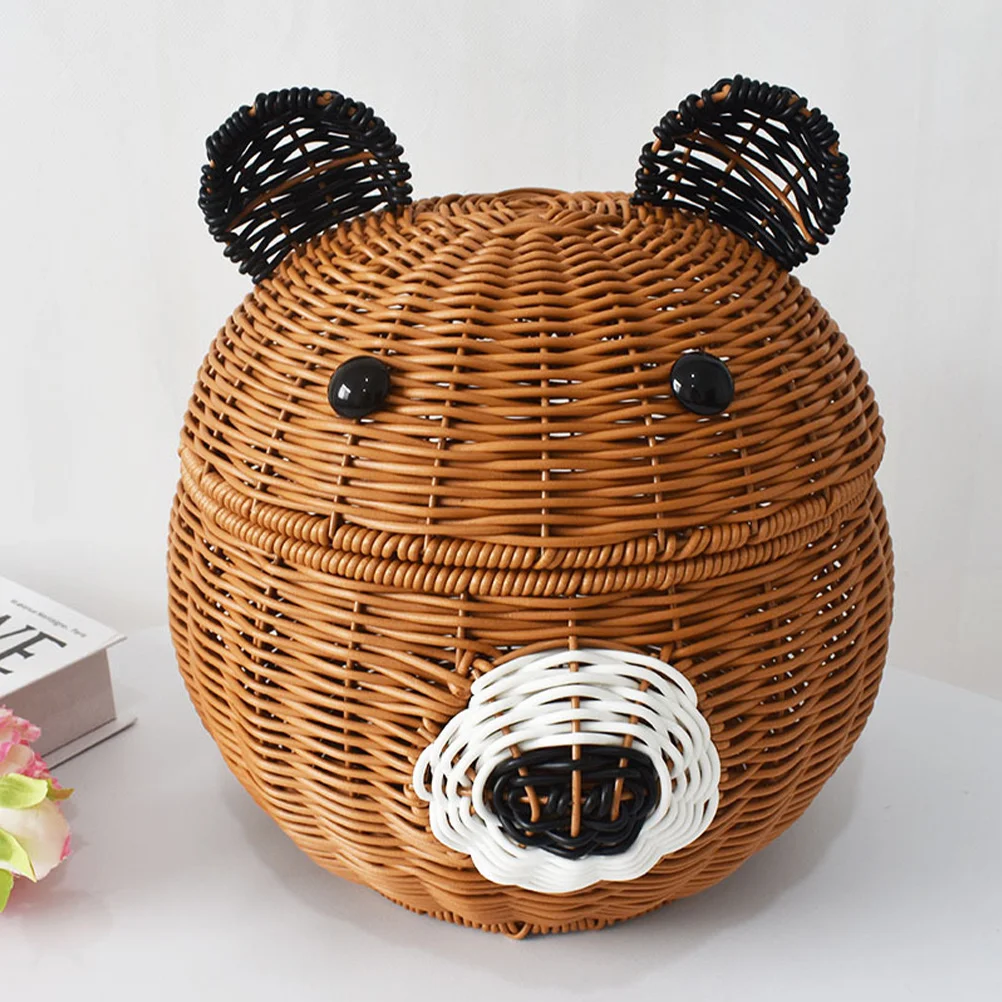 

Cartoon Bear Shaped Storage Basket Imitation Rattan Lidded Fruit Snack Organizer Woven Basket For Home Office School