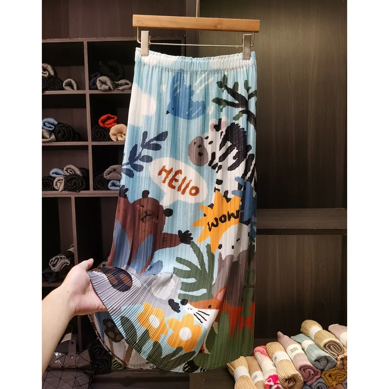 Miyake Fun Animal Kingdom Print Pleated Skirt for Women High-Waisted Stretch Versatile Long Skirts Beach Clothing
