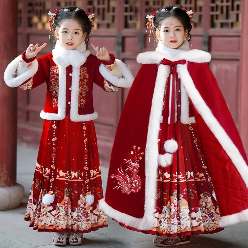 

Новое зимнее теплое стеганое платье ханьфу для девочек с плащом, детский костюм древней феи, детский костюм Тан, 2026 год, одежда в китайском Новом году