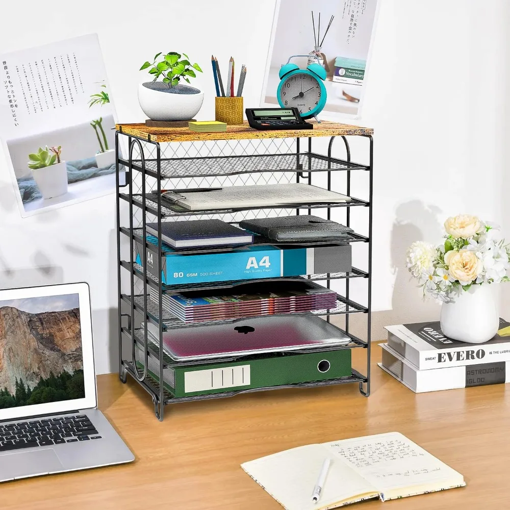 7-Tier Desk Organizer, Black, Letter Tray, Paper Tray, Wood Desk Organizer, for Home Office School