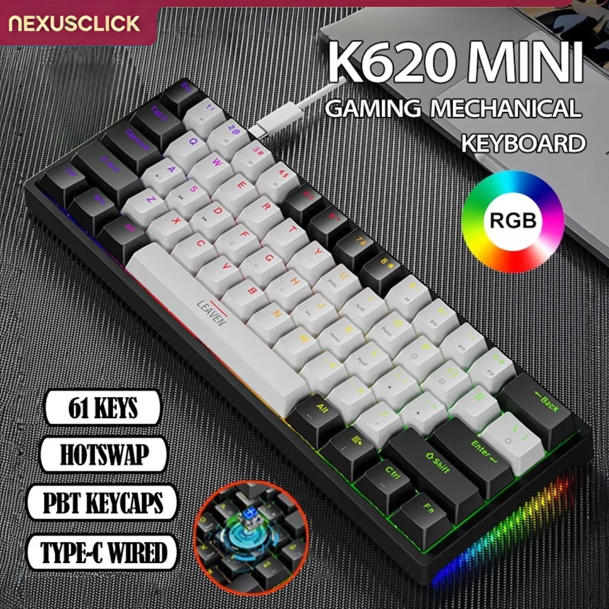 NexusClick K620 61 Keys Hot Swappable Mechanical Keyboard, Type-C Wired RGB Gaming Keyboard,PBT Double Shot Keycaps for Esports