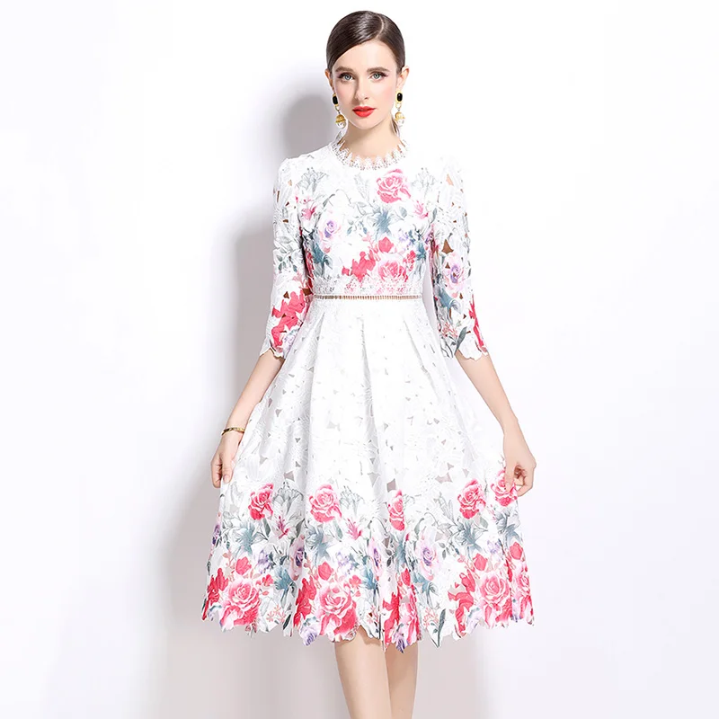 New Autumn 2024 Elegant Slim O-Neck Luxury Lace Dress Fashion Print Hollow Out Vintage Party Mid Length Party Dresses