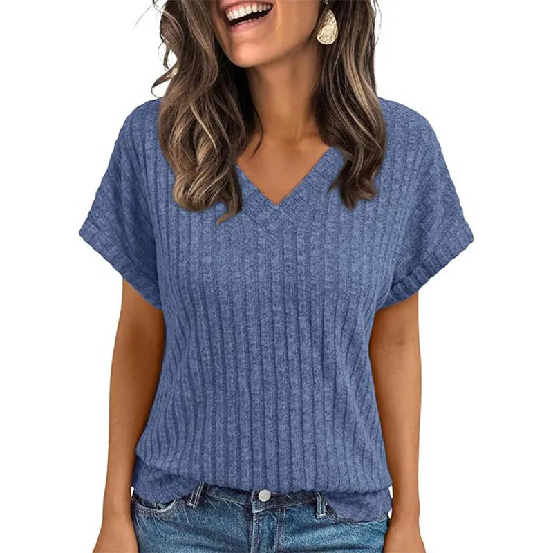 

Women's Clothing Europe America All-match Knit T-shirt Summer 2025 New Casual Loose V-neck Short Sleeve Pullover Lady Solid Tops
