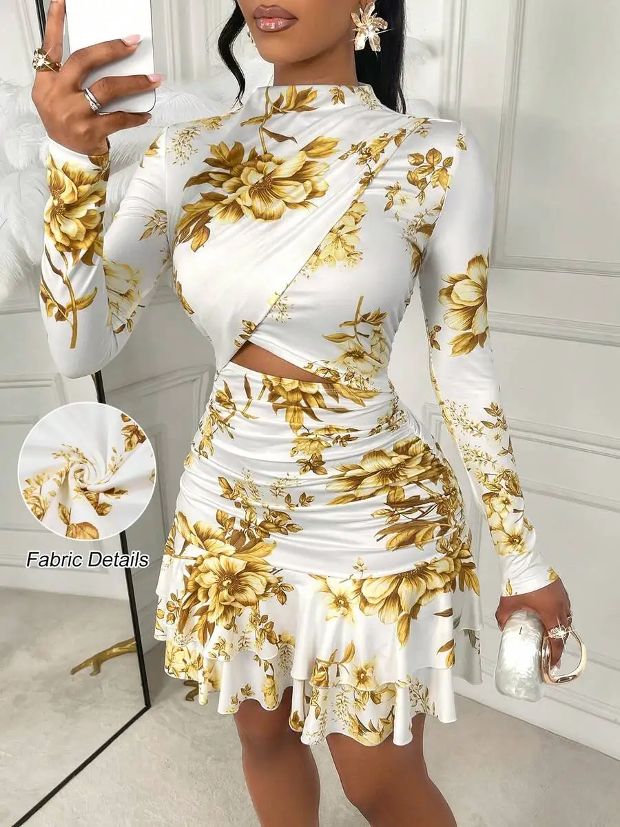 

White Gold Floral Print Long Sleeve Cut-Out Mini Dress with Ruffle Hem