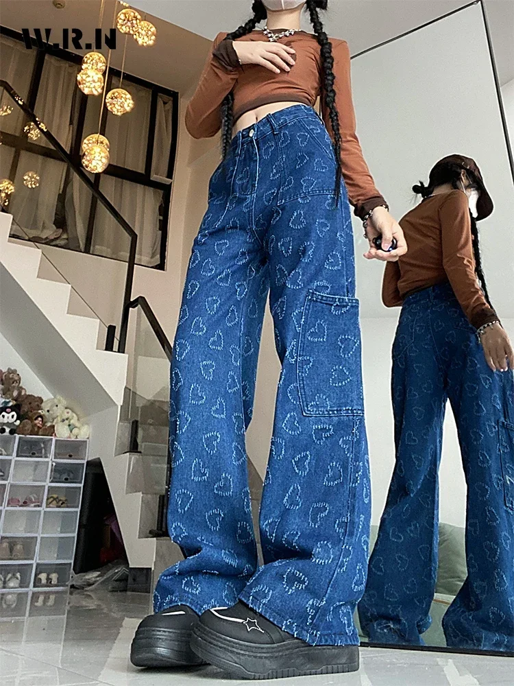 

Casual Retro Wide Leg Baggy Heart Print Denim Trouser Harajuku High Waist Loose Jeans 2024 Summer Korean Women's Y2K 2000s Pants