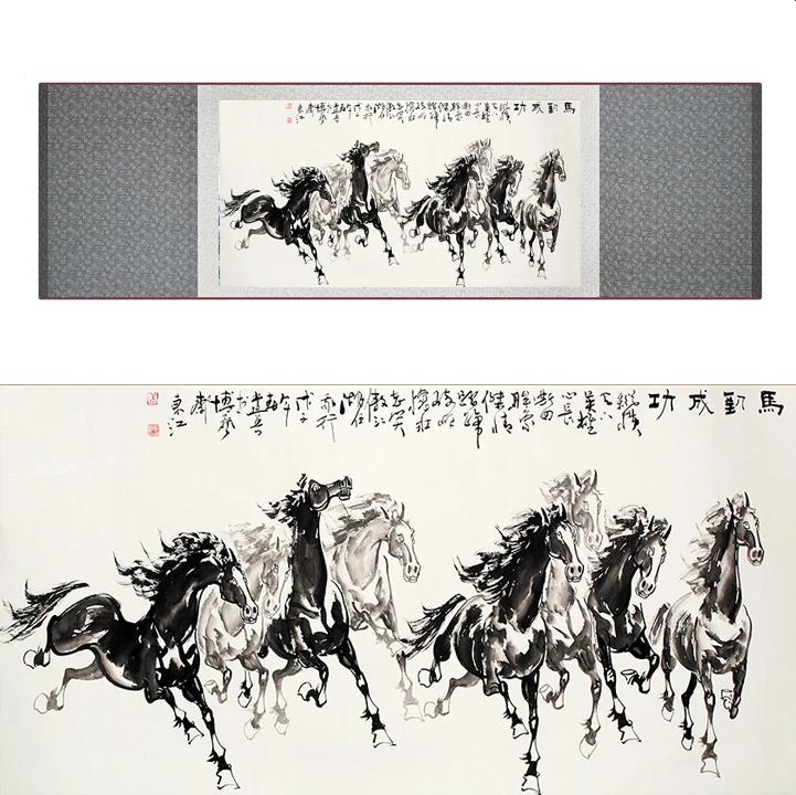 top quality Chinese Horse silk painting  Horse art painting Silk scroll art painting eight horse painting19062803