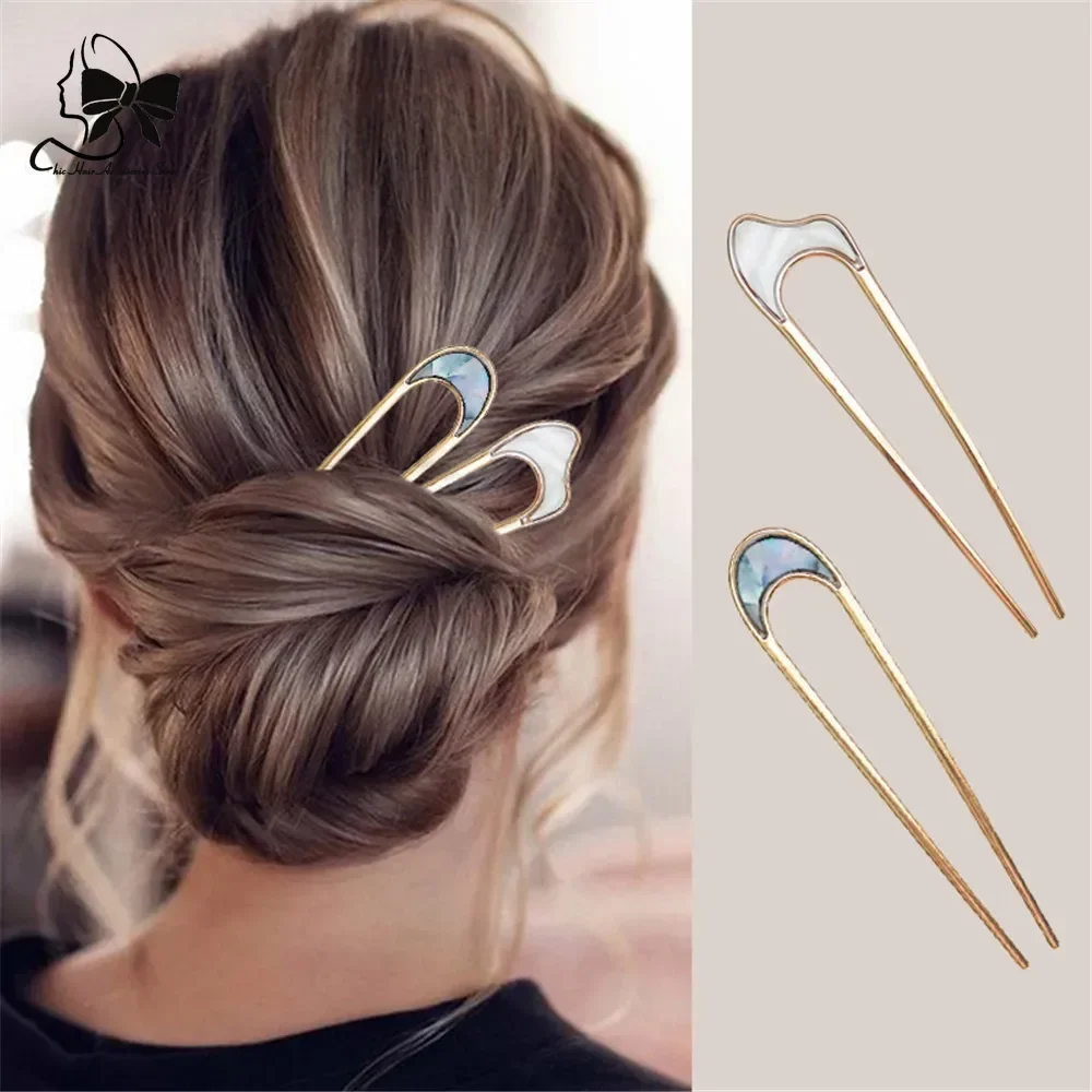 Fashionable U-shaped Hairpin Shell Hairpin Metal U Shaped Hair Pins Hair Fork French  Simple Hair Accessories for Women