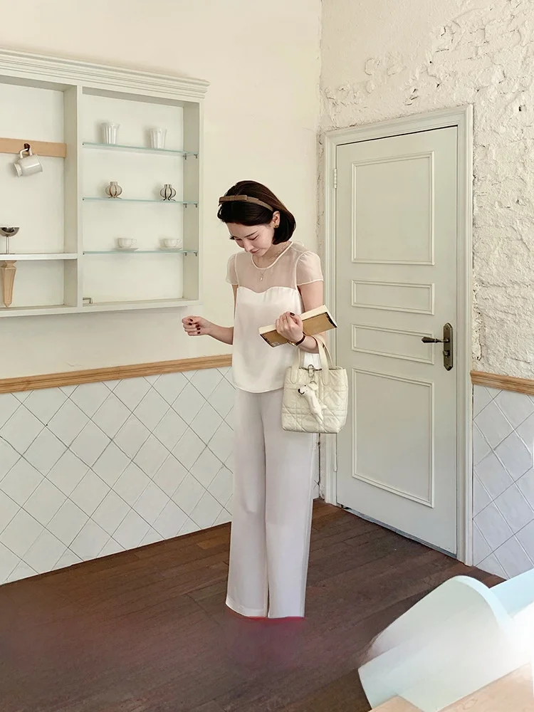 

Artme Pearl Series Summer Outfit Women's Two-tone Mesh Set Three-piece Set Date Commute Style Short Sleeve round Neck Long Pants