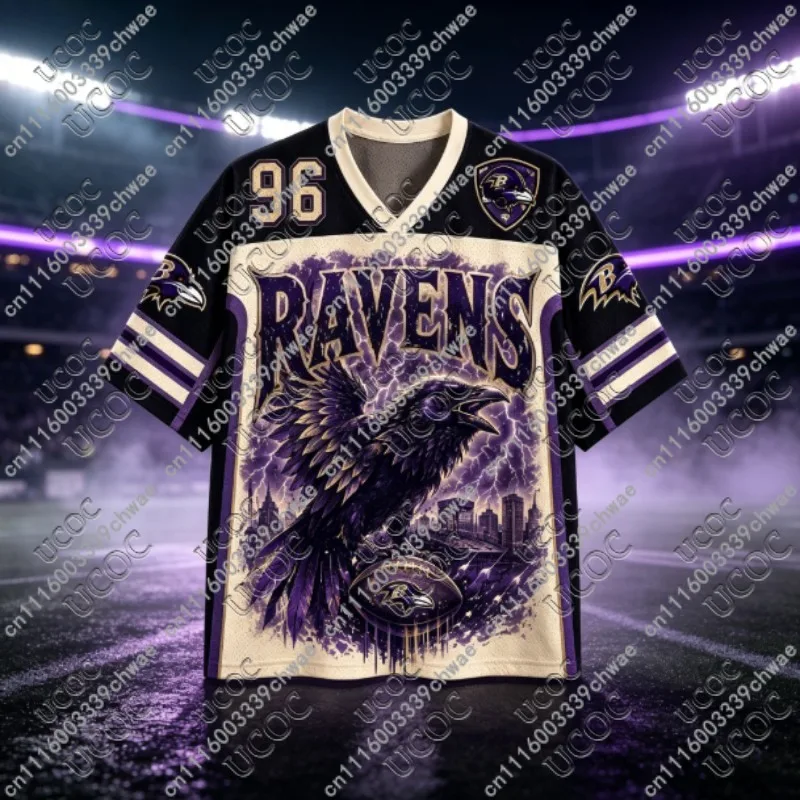 Retro Sports Ravens Raven Bird Lightning City Graphic Mesh Jersey Men Women Y2K Oversized Breathable Street‑Athletic Casual Tee