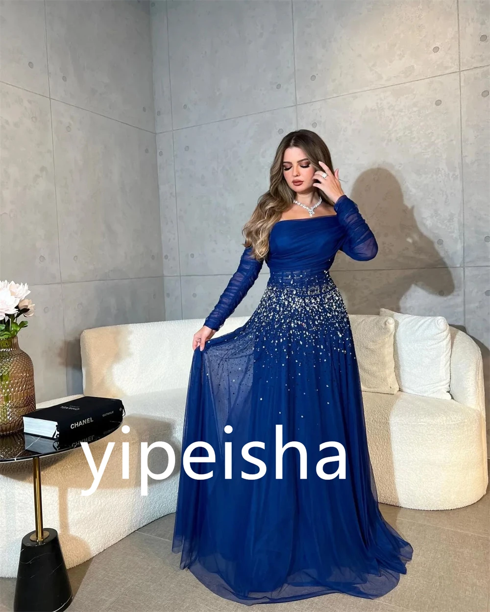 Customized Sparkle Elegant Off-the-shoulder A-line Party Dress Beading Shirred Floor length Organza Evening