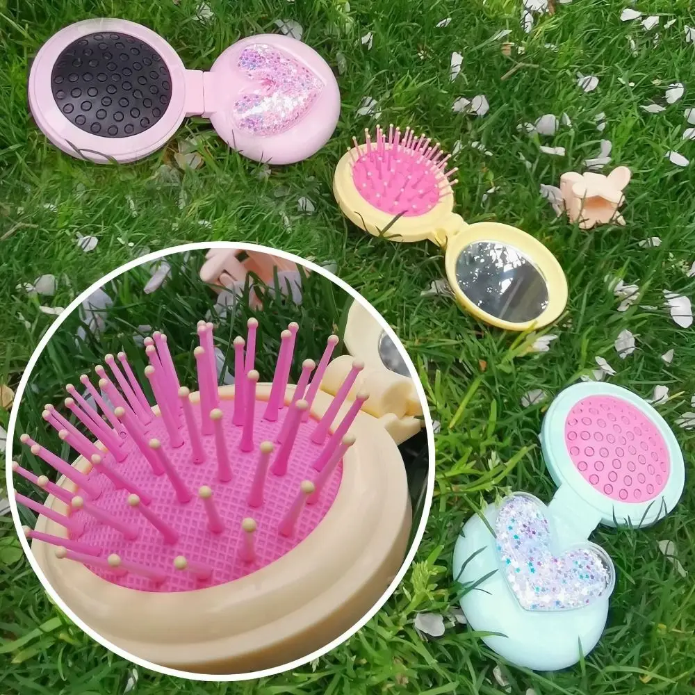 Mini Morandi Color Round Folding Comb with Mirror Compact Bow Pocket Hair Brush Anti Static Love Decor Massage Comb Girl