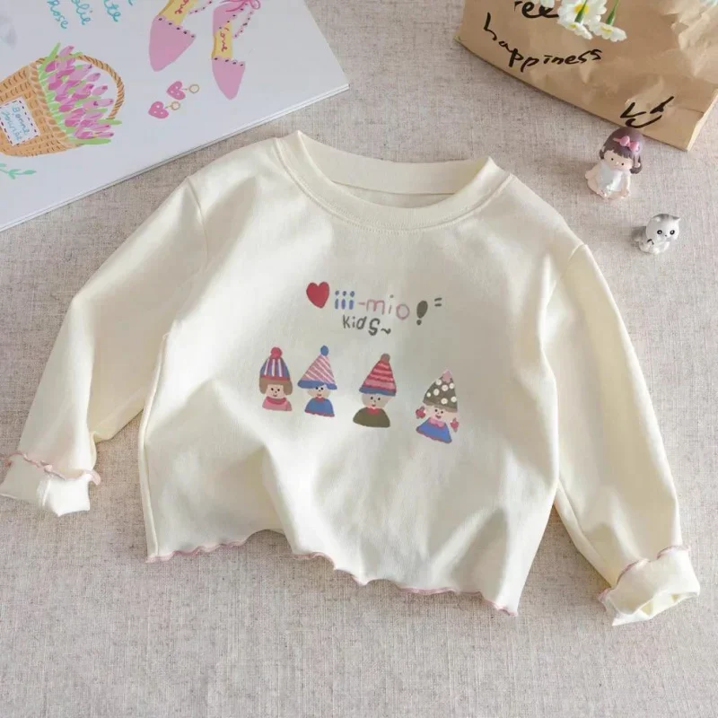 Frühling Herbst Neue Mädchen 100% Baumwolle Langarm T-Shirt Rüschen Rundhals Lässig Vielseitig Baby Kinder Rüschenrand Weiche Baumwoll-Oberteile – Detail 2
