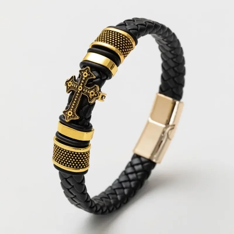 Men\\\\'s Classic Black Leather Bracelet Metal Magnetic Buckle Fashion Bracelet Jewelry Casual Daily All-Match Jewelry image 5