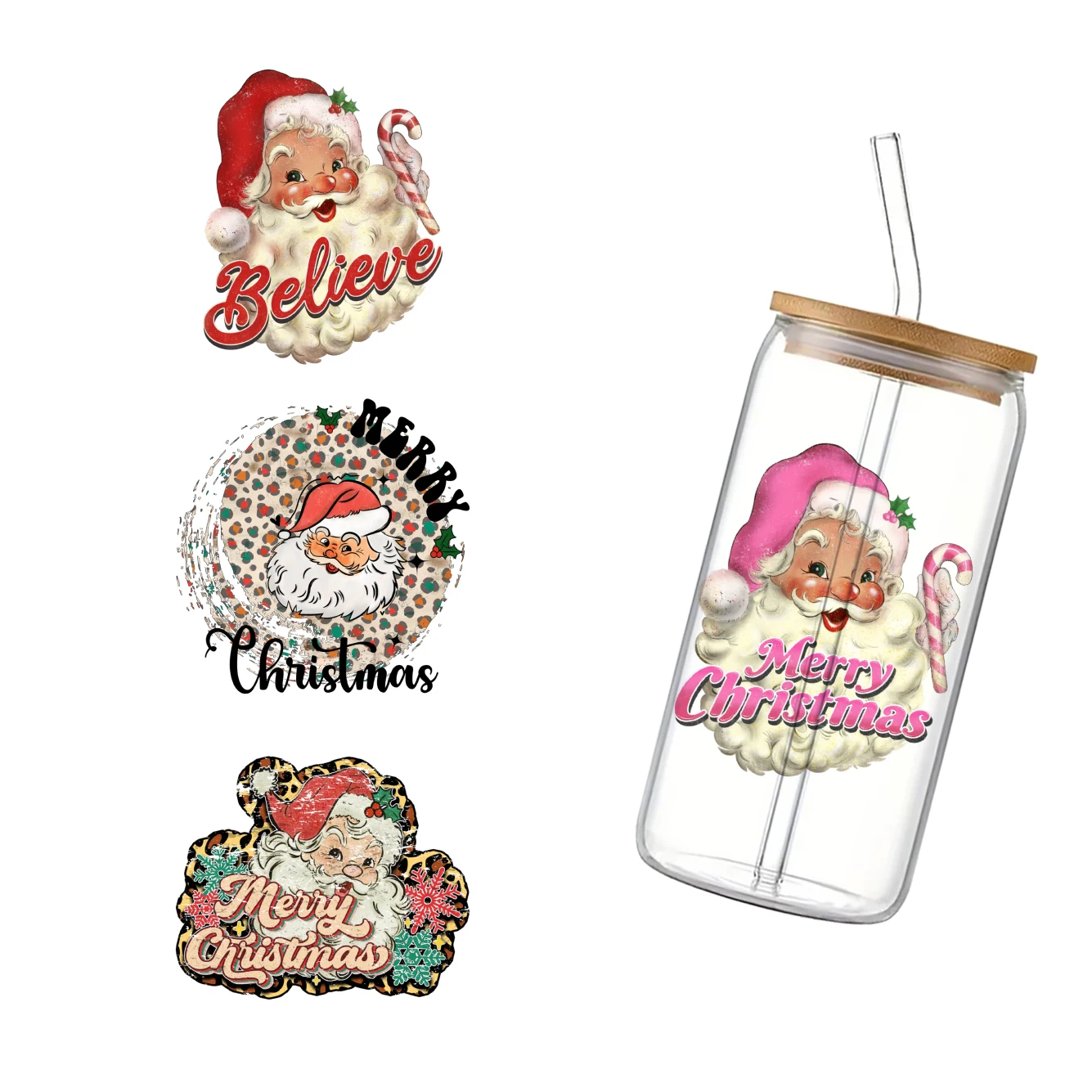 

Christmas Santa Claus For Libbey 16oz Can Glass 3D Waterproof UV DTF Coffee Can Wrap Libbey Glass Wrap 11X11cm