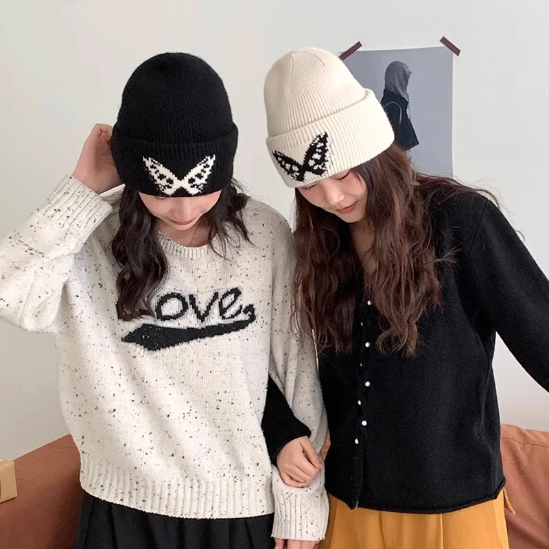 Korean style fashionable butterfly knitted woolen hat for women small face autumn and winter cold proof and warm ear protection