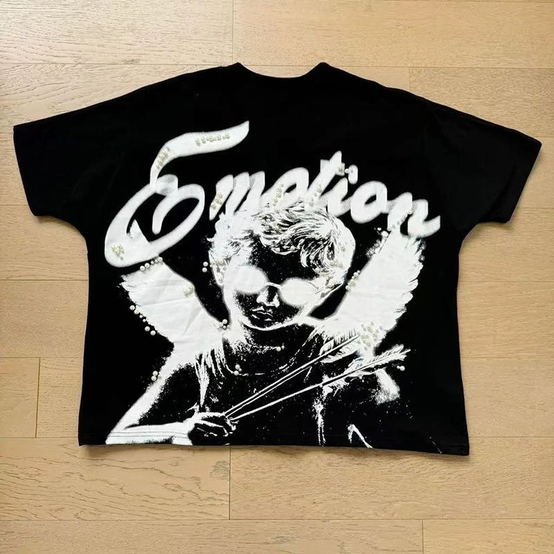 2026 Mixed Emotion Embroidery Pearl Logo Sweatshirts Men Women Angel Print TeeHigh quality Cotton Streetwear Loose T-shirt