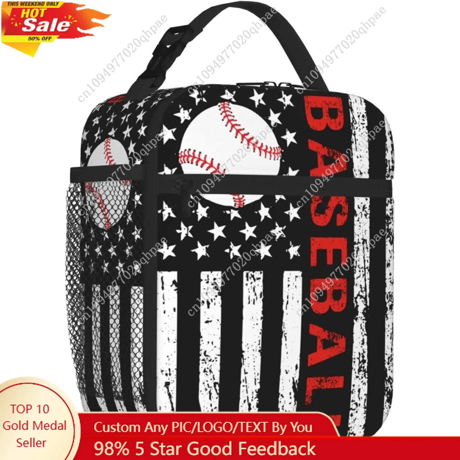 

Baseball American Flag Lunch Box for Men Women Small Lunch Bag for Office Work Picnic Reusable Portable