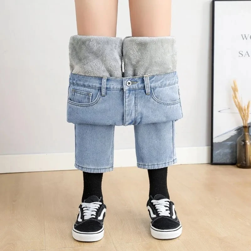 Thicken Baggy Straight Jeans Velvet Lined Winter Vaqueros Ankle-length Elastic Waist Denim Pants Women Warm Casual Pantalones